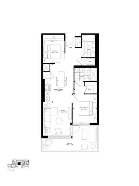 Floor plan for 2 beds, 2 baths, 800 sqft